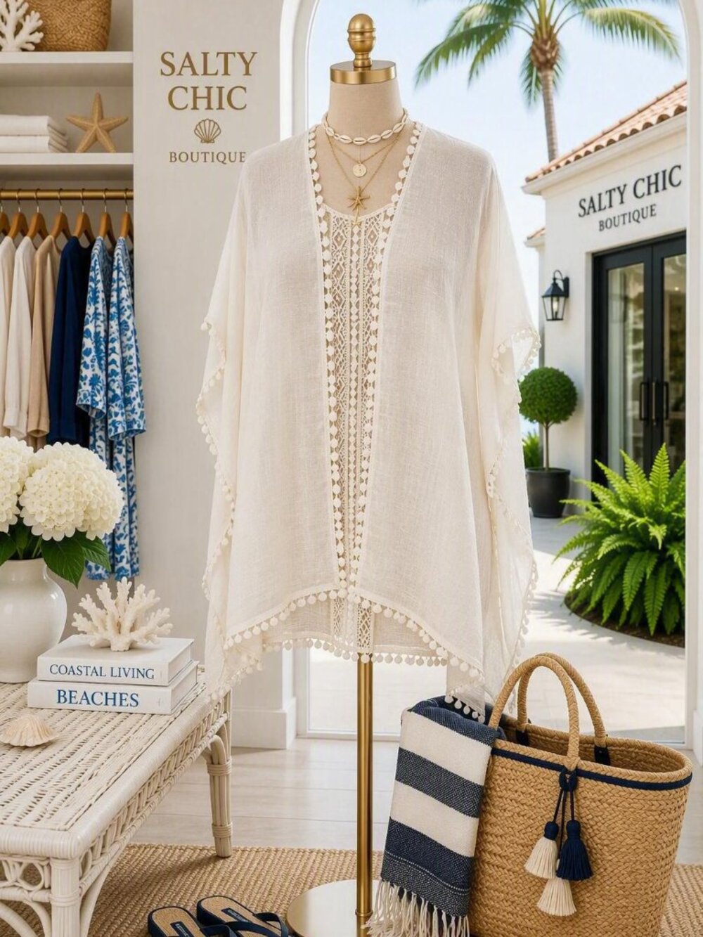 Steve Madden Cream Lace-Trim Poncho kimono Cover-Up